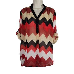 Takara Red Tan Black Shirt Blouse Women Size M Roll Tab Sleeve Chevron Print